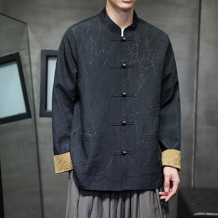 Buddha Stones Tang Suit Casual Frog-bottoni Manica Lunga Nylon Giacca Camicia Uomo Abbigliamento - Nero - US/UK/AU46, EU56 (5XL) - image 1