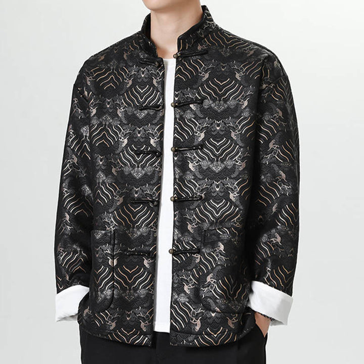Buddha Stones Frog-Button Cinese Tang Suit Forma d'onda Camicia lunga Uomo Giacca Abbigliamento - image 5