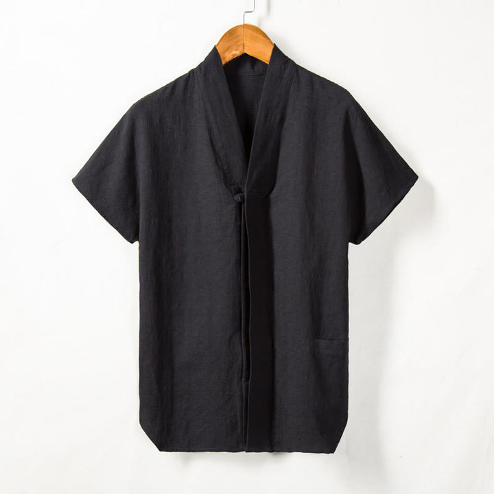 Camicia a maniche corte da uomo Buddha Stones con tasca, cardigan con scollo a V, camicia in cotone e lino comfort - Nero - US/UK/AU44, EU54 (4XL) - image 4