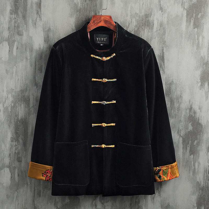 Buddha Stones Tang Suit Frog-bottoni Girocollo Cotone Uomo Giacca Camicia Abbigliamento - Pulsante giallo - US/UK/AU42, EU52 (3XL) - image 0