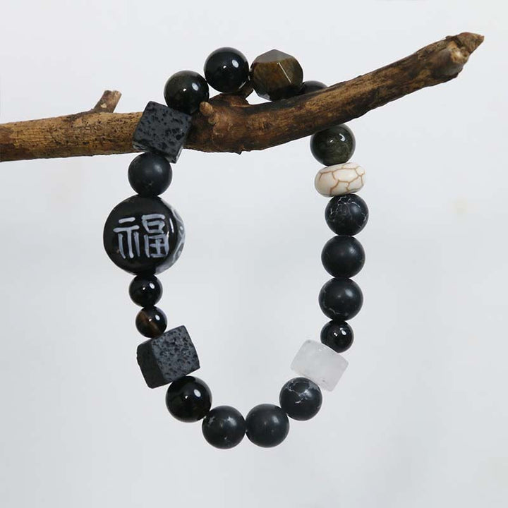 Bracciale Buddha Stones Onice nero Ceramica Agata Pietra glitterata nera Personaggio Fortune Fu