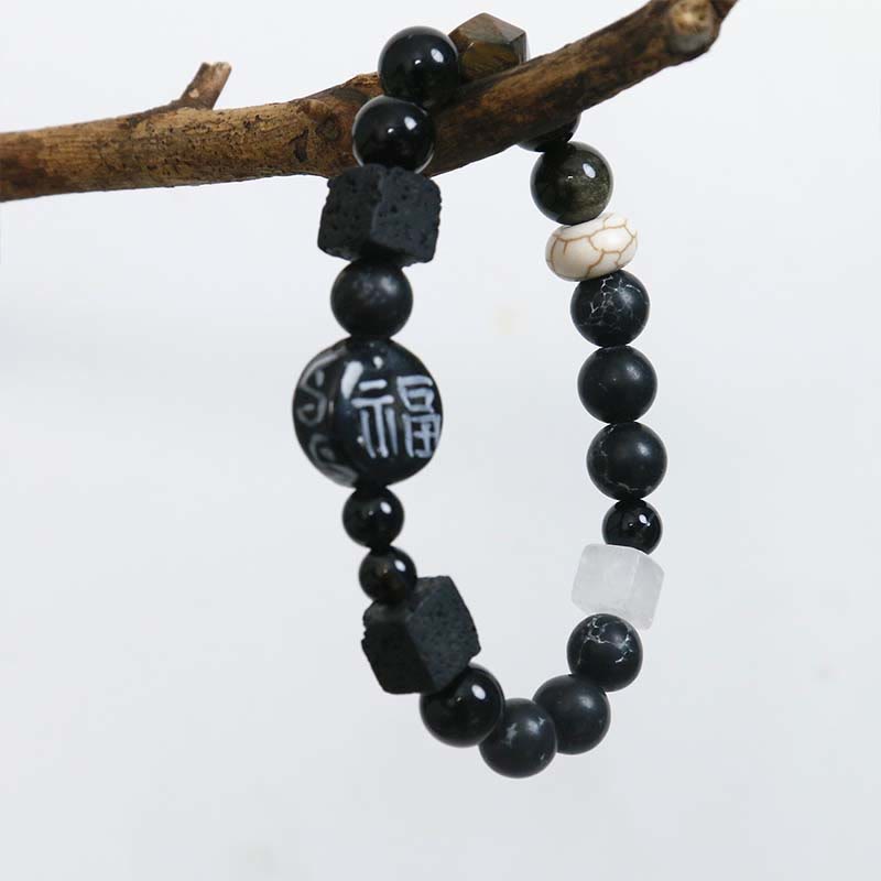 Bracciale Buddha Stones Onice nero Ceramica Agata Pietra glitterata nera Personaggio Fortune Fu