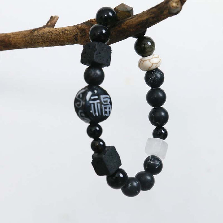 Bracciale Buddha Stones Onice nero Ceramica Agata Pietra glitterata nera Personaggio Fortune Fu