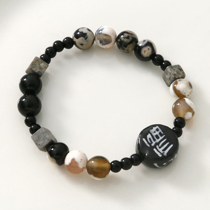 Bracciale Buddha Stones Onice nero Ceramica Agata Pietra glitterata nera Personaggio Fortune Fu