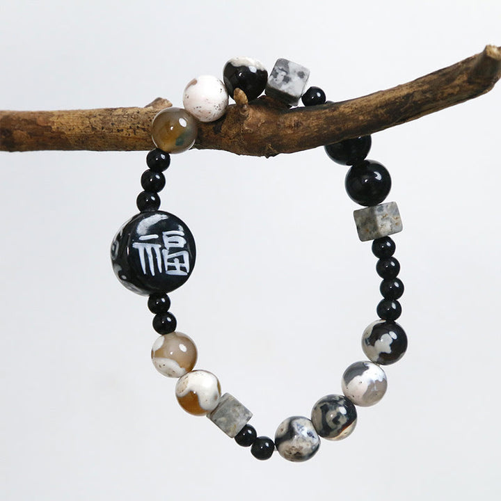Bracciale Buddha Stones Onice nero Ceramica Agata Pietra glitterata nera Personaggio Fortune Fu