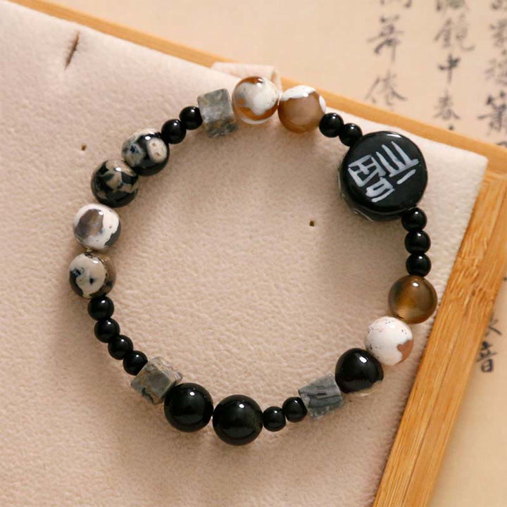 Bracciale Buddha Stones Onice nero Ceramica Agata Pietra glitterata nera Personaggio Fortune Fu