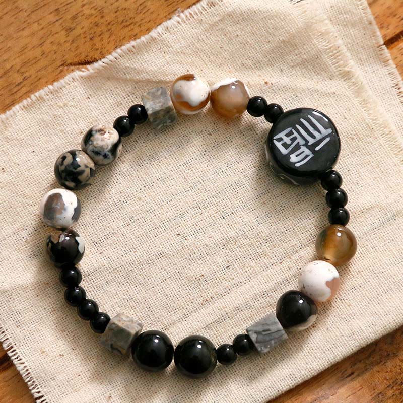 Bracciale Buddha Stones Onice nero Ceramica Agata Pietra glitterata nera Personaggio Fortune Fu