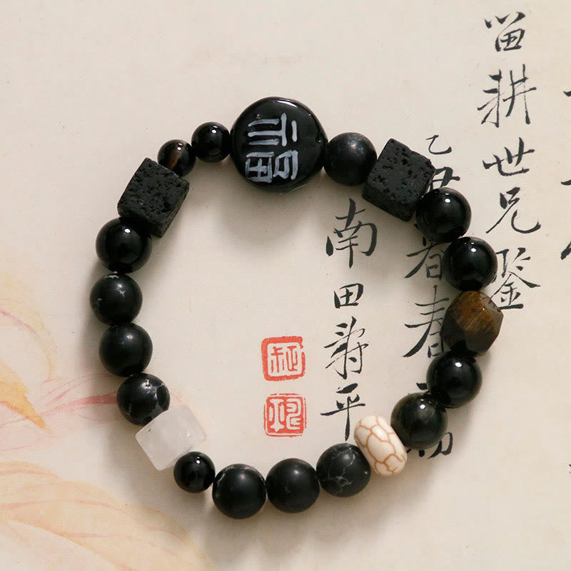 Bracciale Buddha Stones Onice nero Ceramica Agata Pietra glitterata nera Personaggio Fortune Fu