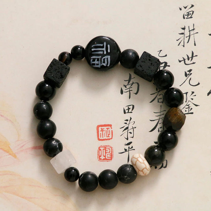 Bracciale Buddha Stones Onice nero Ceramica Agata Pietra glitterata nera Personaggio Fortune Fu