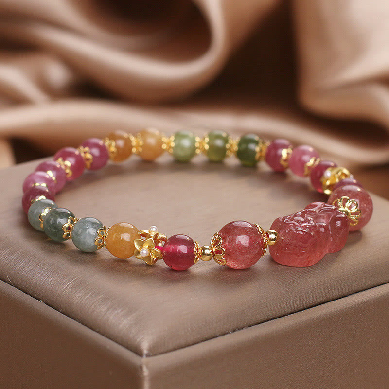 Braccialetto PIXIU Love in cristallo rosa, quarzo fragola, tormalina Buddha Stones