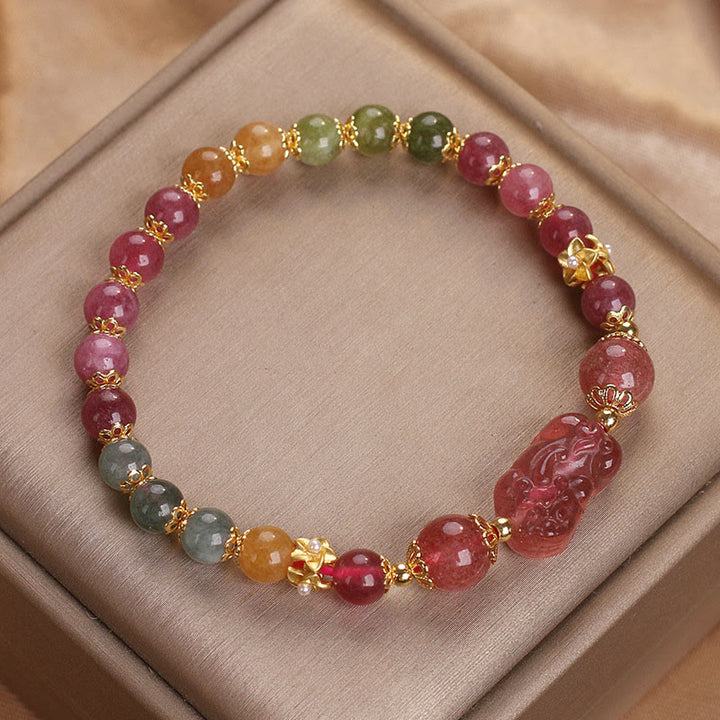 Braccialetto PIXIU Love in cristallo rosa, quarzo fragola, tormalina Buddha Stones