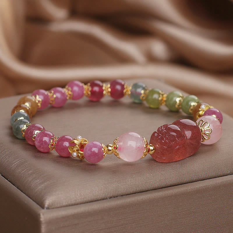 Braccialetto PIXIU Love in cristallo rosa, quarzo fragola, tormalina Buddha Stones
