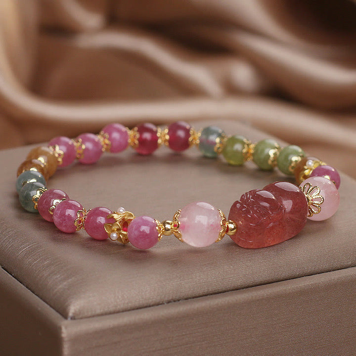 Braccialetto PIXIU Love in cristallo rosa, quarzo fragola, tormalina Buddha Stones