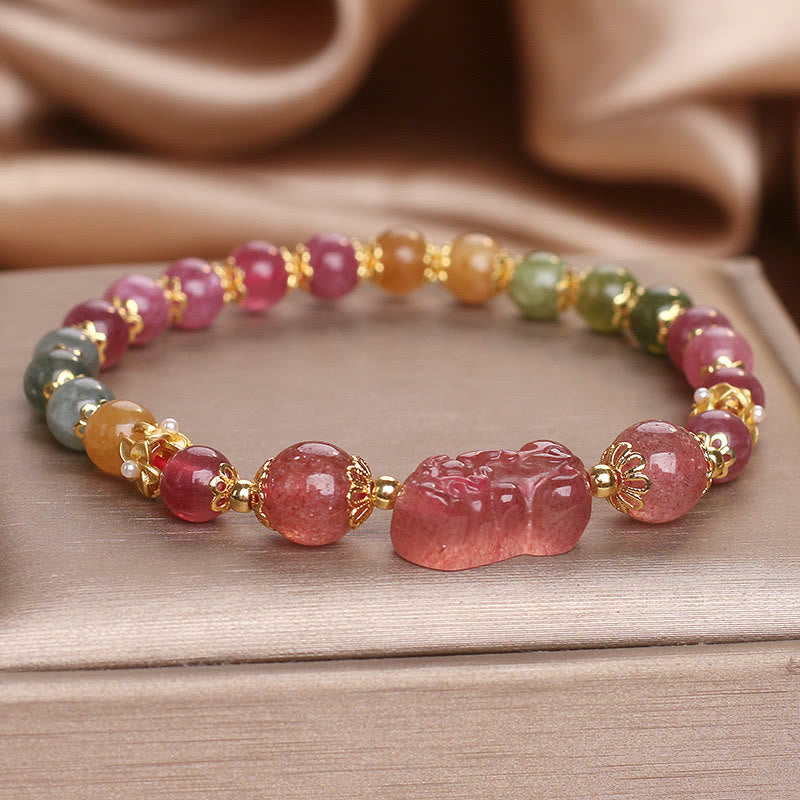 Braccialetto PIXIU Love in cristallo rosa, quarzo fragola, tormalina Buddha Stones