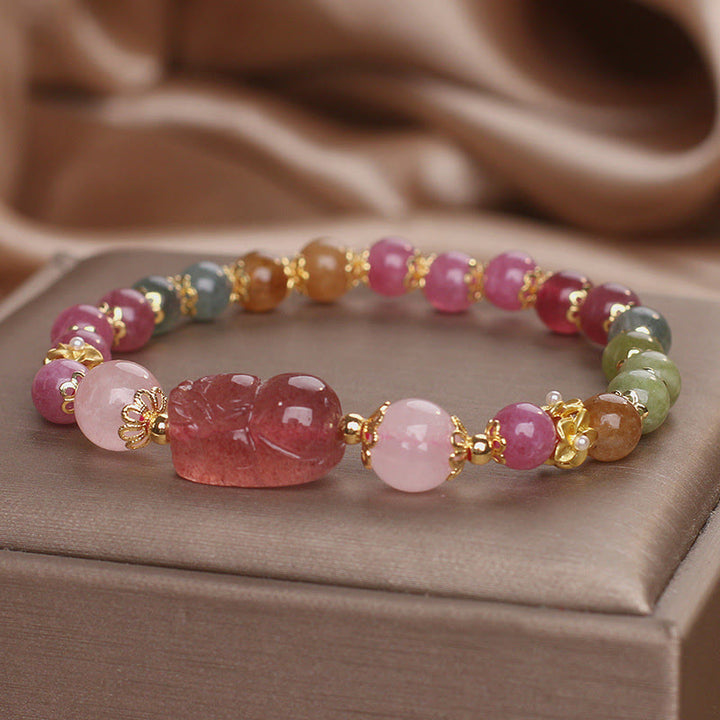 Braccialetto PIXIU Love in cristallo rosa, quarzo fragola, tormalina Buddha Stones