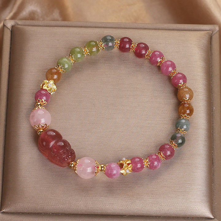 Braccialetto PIXIU Love in cristallo rosa, quarzo fragola, tormalina Buddha Stones