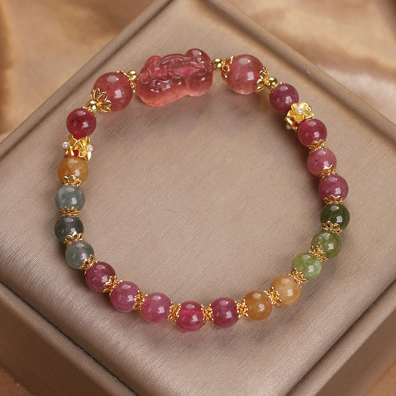 Braccialetto PIXIU Love in cristallo rosa, quarzo fragola, tormalina Buddha Stones