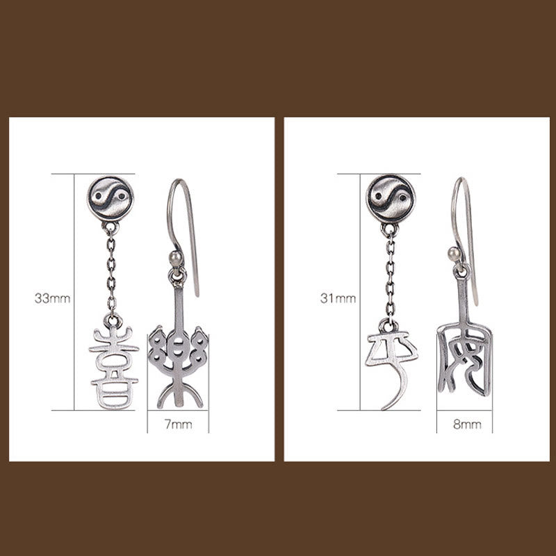 Orecchini di protezione Buddha Stones 925 Sterling Silver carattere cinese 'Ping An' 'Xi Le'