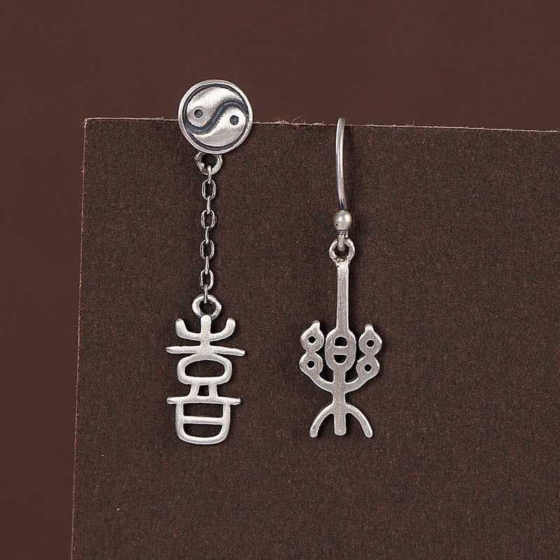 Orecchini di protezione Buddha Stones 925 Sterling Silver carattere cinese 'Ping An' 'Xi Le'
