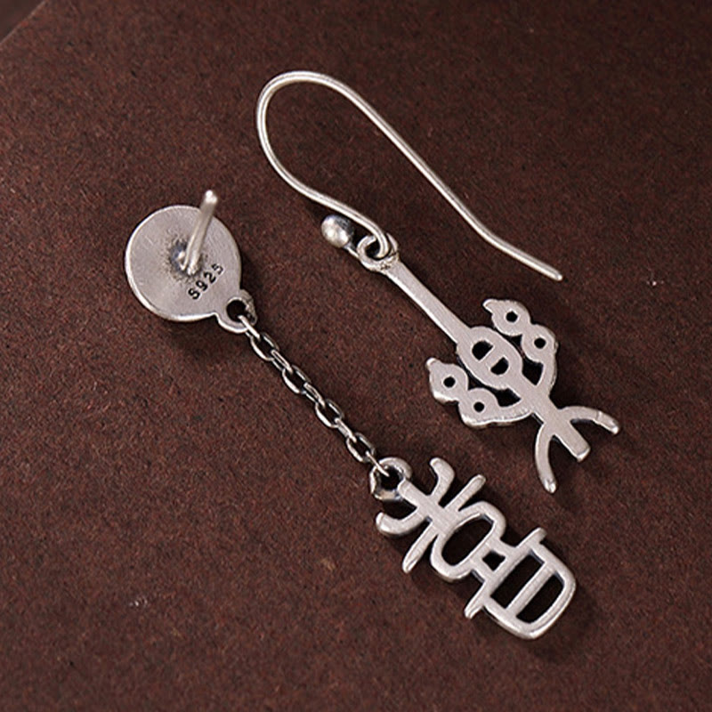 Orecchini di protezione Buddha Stones 925 Sterling Silver carattere cinese 'Ping An' 'Xi Le'