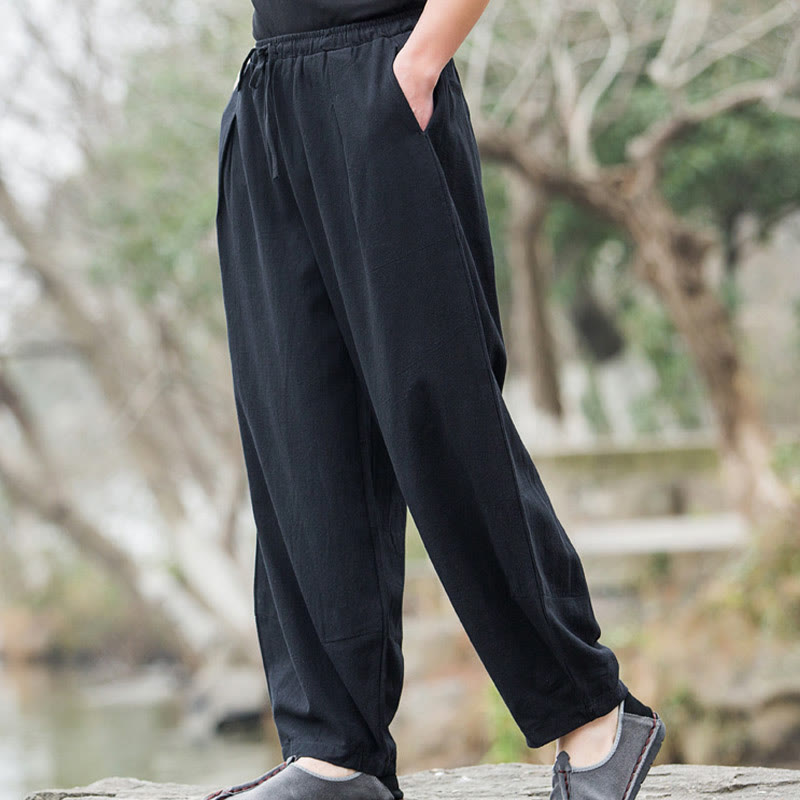 Pantaloni da uomo Buddha Stones in lino casual tinta unita con tasche - image 3