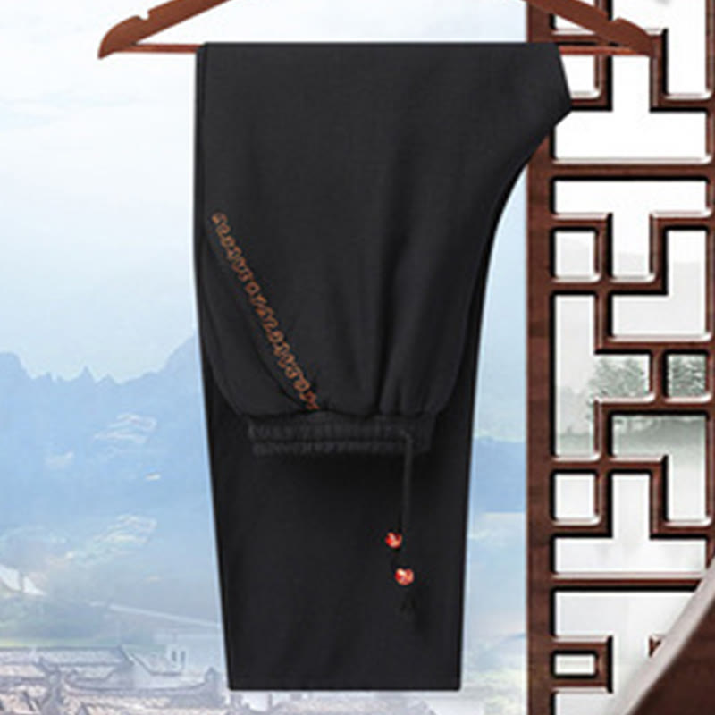 Buddha Stones Ricama Drago Maniche Girate Casual Rana-bottoni Fibra di Poliestere Giacca Camicia Pantaloni Abbigliamento Uomo - Pantaloni neri (in pile) - US/UK/AU42, EU52 (3XL) - image 22
