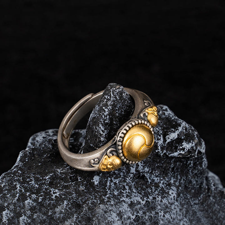 Anello regolabile Buddha Stones in argento sterling 925 placcato oro con scheletro in equilibrio