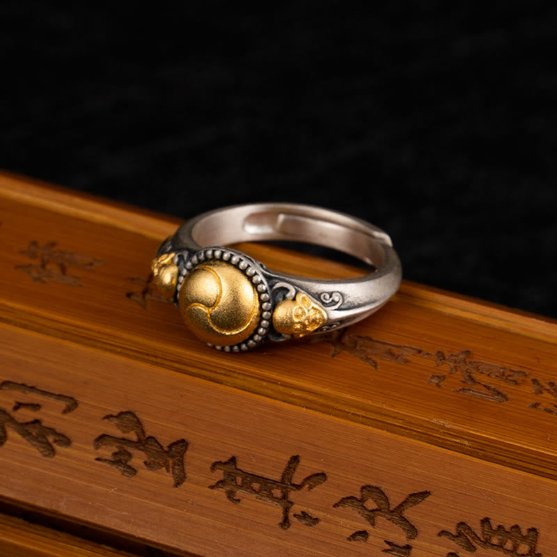 Anello regolabile Buddha Stones in argento sterling 925 placcato oro con scheletro in equilibrio