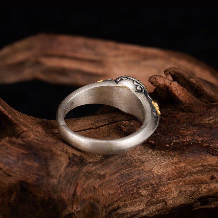 Anello regolabile Buddha Stones in argento sterling 925 placcato oro con scheletro in equilibrio