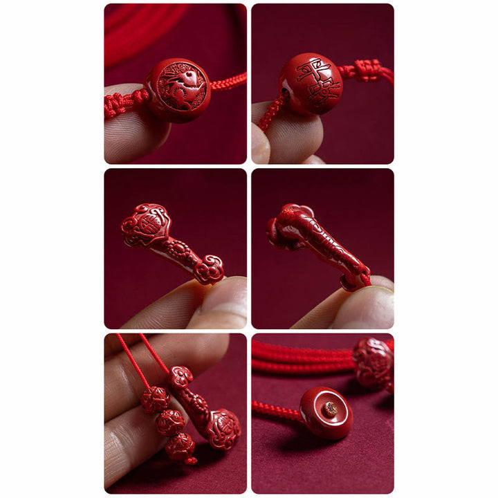 Buddha Stones Cinabro naturale Zodiaco cinese Manico Ruyi Carattere Fu Loto Benedizione Catena per la pancia con corda rossa