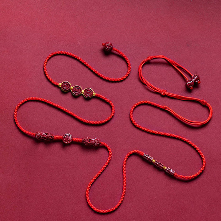 Buddha Stones Cinabro naturale PiXiu Calma Benedizione Catena per la pancia con corda rossa