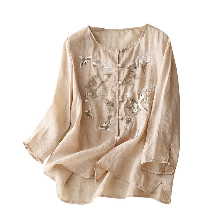 Camicetta casual con scollo rotondo Buddha Stones, ricamo, manica lunga, in cotone e lino, camicette da donna - image 19