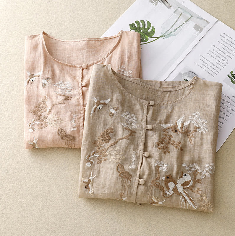 Camicetta casual con scollo rotondo Buddha Stones, ricamo, manica lunga, in cotone e lino, camicette da donna - image 18