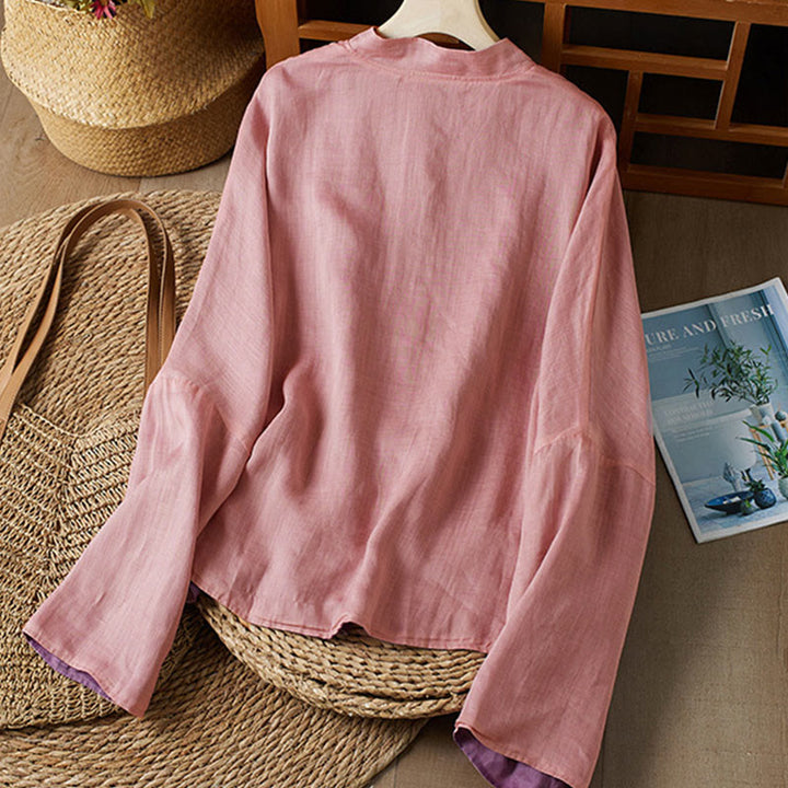 Camicia da donna in cotone e lino, casual, tinta unita, a maniche lunghe, con scollo a V, taglie forti, motivo Buddha Stones