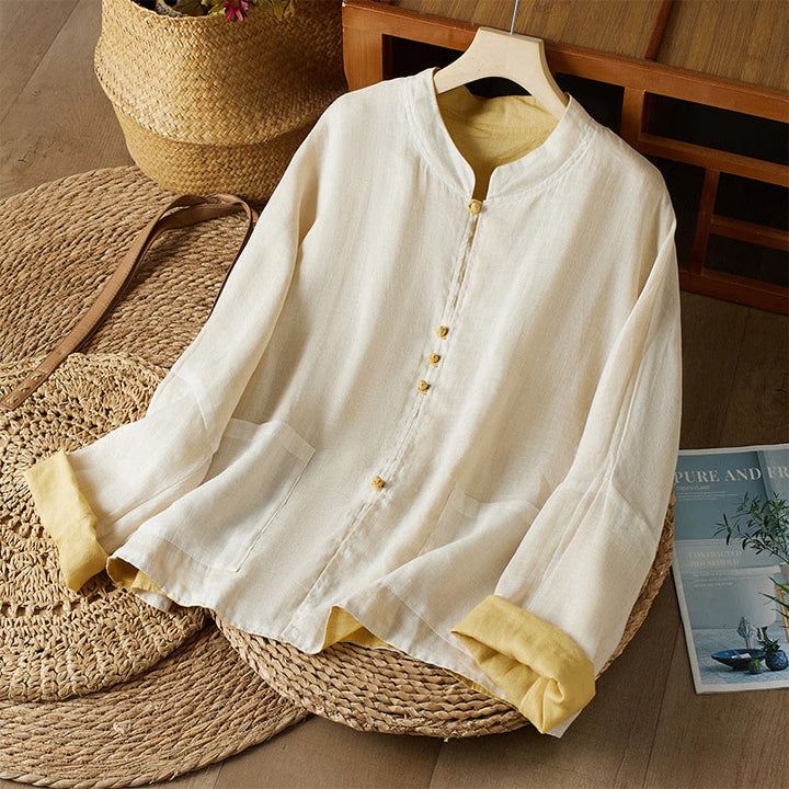 Camicia da donna in cotone e lino, casual, tinta unita, a maniche lunghe, con scollo a V, taglie forti, motivo Buddha Stones
