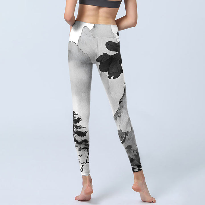 Buddha Stones Pittura a inchiostro Alberi Montagne Paesaggio Stampa Leggings da palestra Pantaloni da yoga da donna - image 7