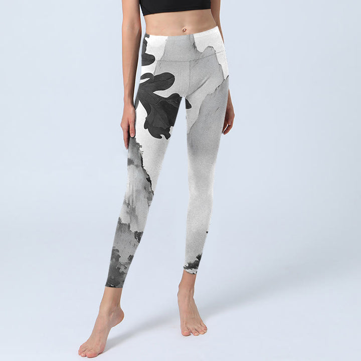 Buddha Stones Pittura a inchiostro Alberi Montagne Paesaggio Stampa Leggings da palestra Pantaloni da yoga da donna - image 6