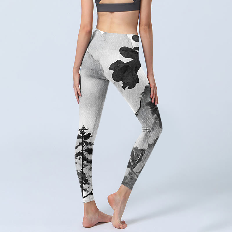 Buddha Stones Pittura a inchiostro Alberi Montagne Paesaggio Stampa Leggings da palestra Pantaloni da yoga da donna - image 5