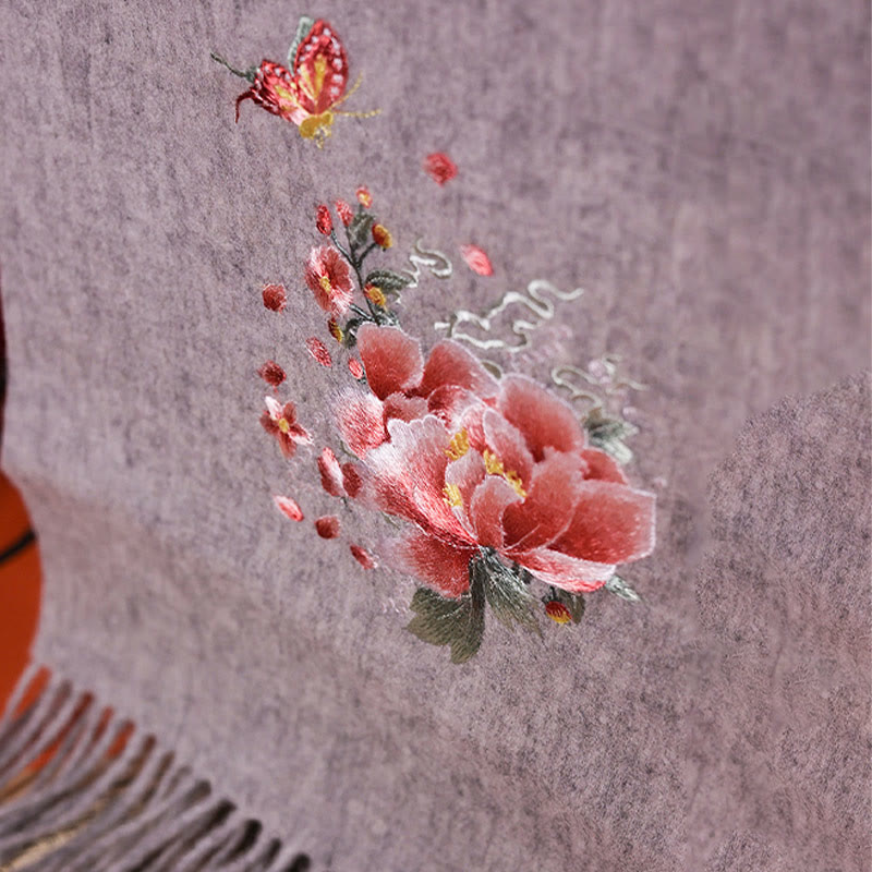 Buddha Stones, peonia rosa, farfalla, ricamo, nappa, sciarpa da viaggio invernale e avvolgente