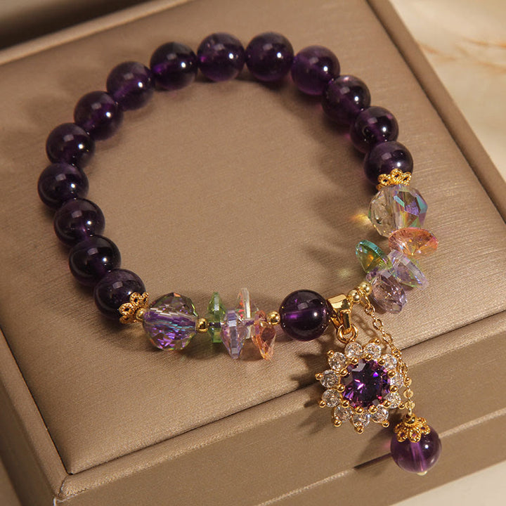 Braccialetto di consapevolezza spirituale Buddha Stones, ametista, cristallo verde, citrino, cristallo bianco, girasole