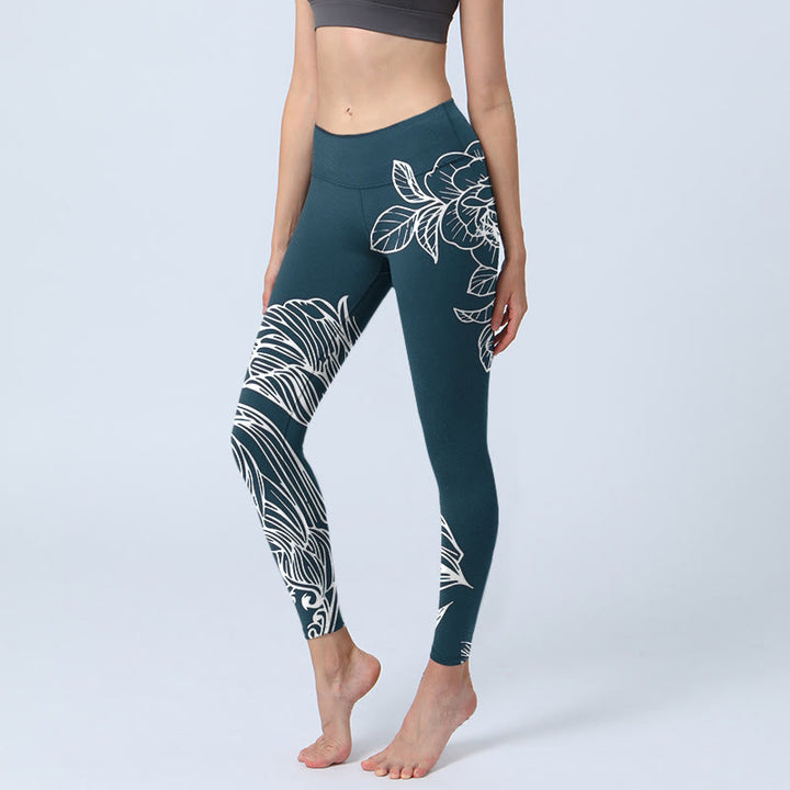 Buddha Stones Peony Epiphyllum Flowers Stampa Leggings da palestra Fitness Pantaloni da yoga da donna - SteelBlue - US18, UK/AU22, EU50 (4XL) - image 1
