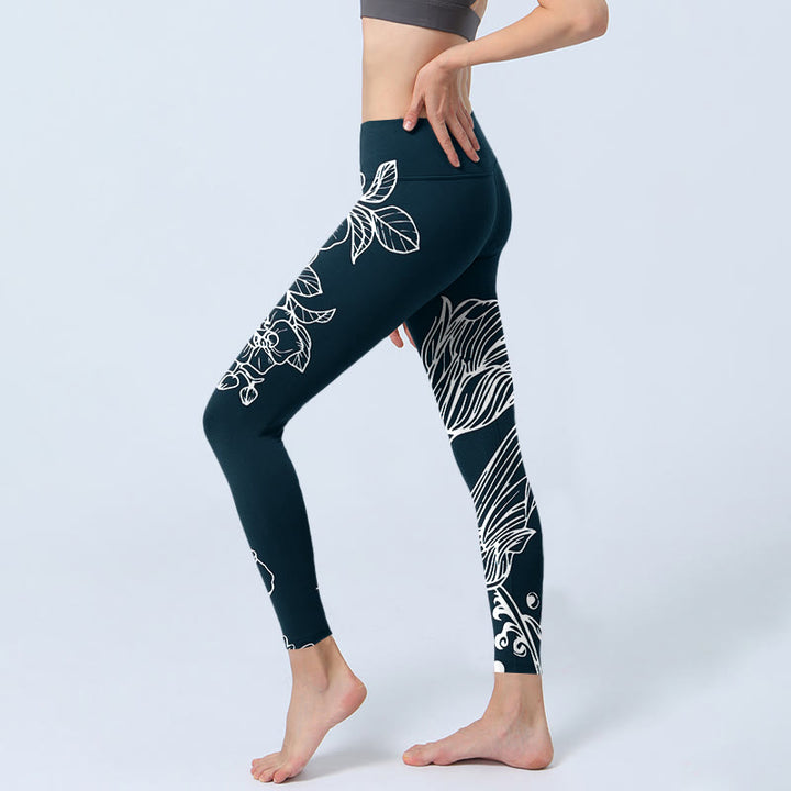Buddha Stones Peony Epiphyllum Flowers Stampa Leggings da palestra Fitness Pantaloni da yoga da donna - image 4