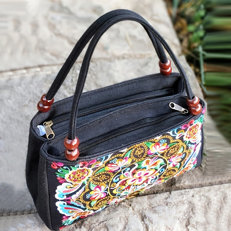 Buddha Stones Galsang Inula Fiore Peonia Pavone Ricamo Fronte-Retro Tela Borsa per la Spesa Borsa a Mano