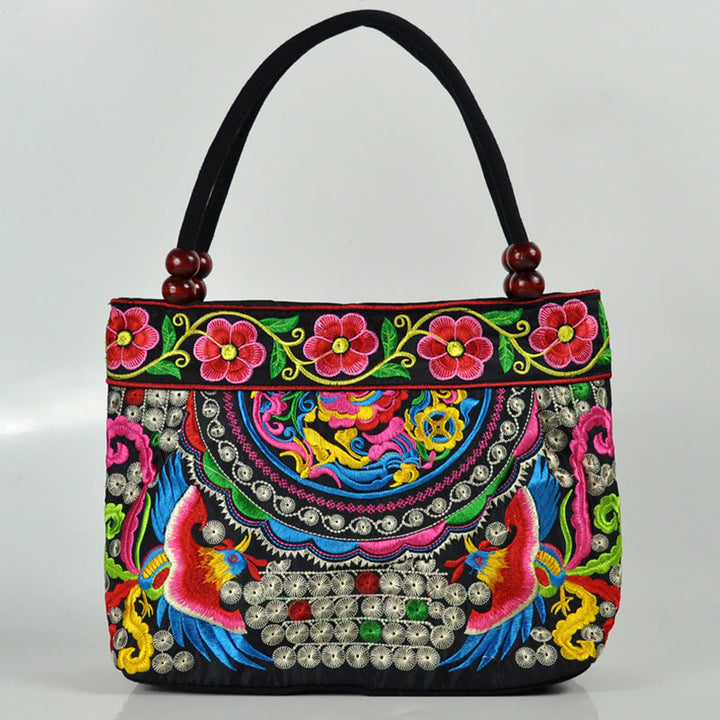 Buddha Stones Money Tree Peony Phoenix Apple Blossom Borsa a mano in tela di cotone con ricamo bifacciale