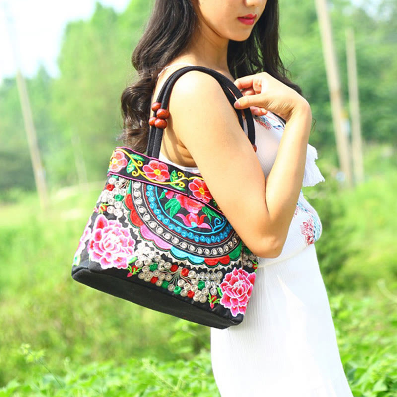 Buddha Stones Money Tree Peony Phoenix Apple Blossom Borsa a mano in tela di cotone con ricamo bifacciale