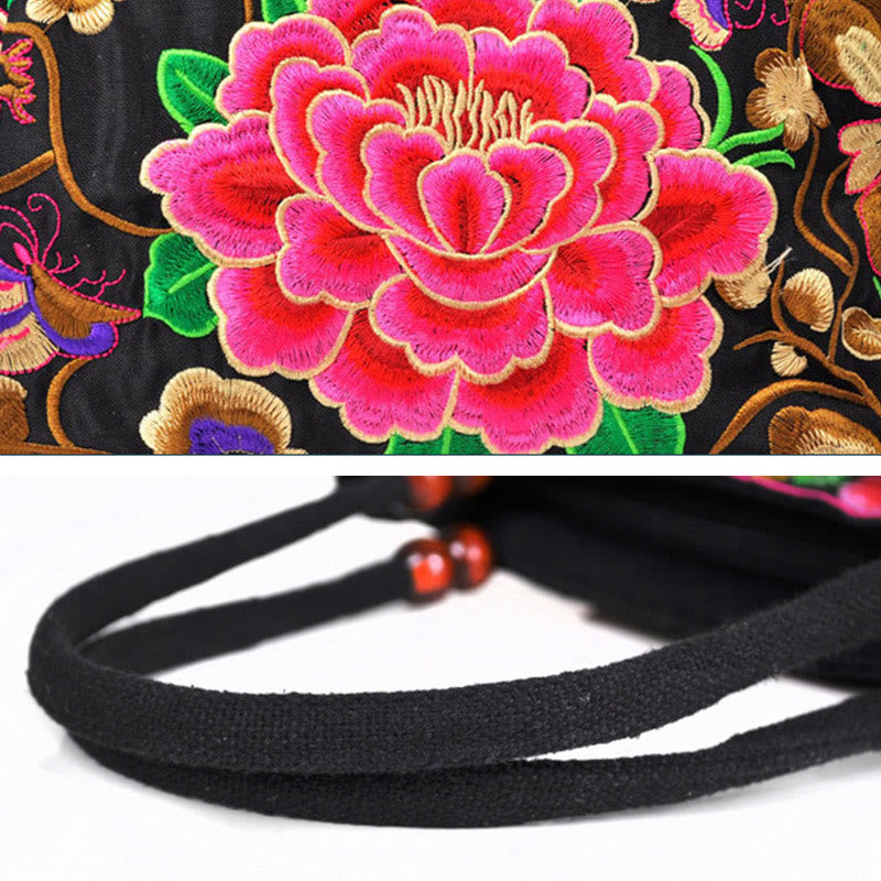 Buddha Stones Money Tree Peony Phoenix Apple Blossom Borsa a mano in tela di cotone con ricamo bifacciale