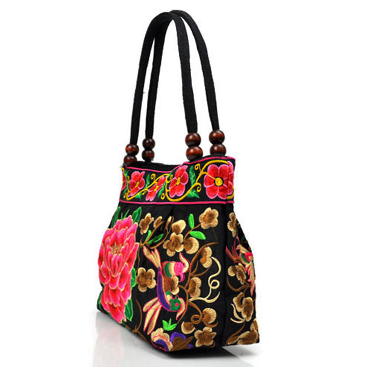 Buddha Stones Money Tree Peony Phoenix Apple Blossom Borsa a mano in tela di cotone con ricamo bifacciale