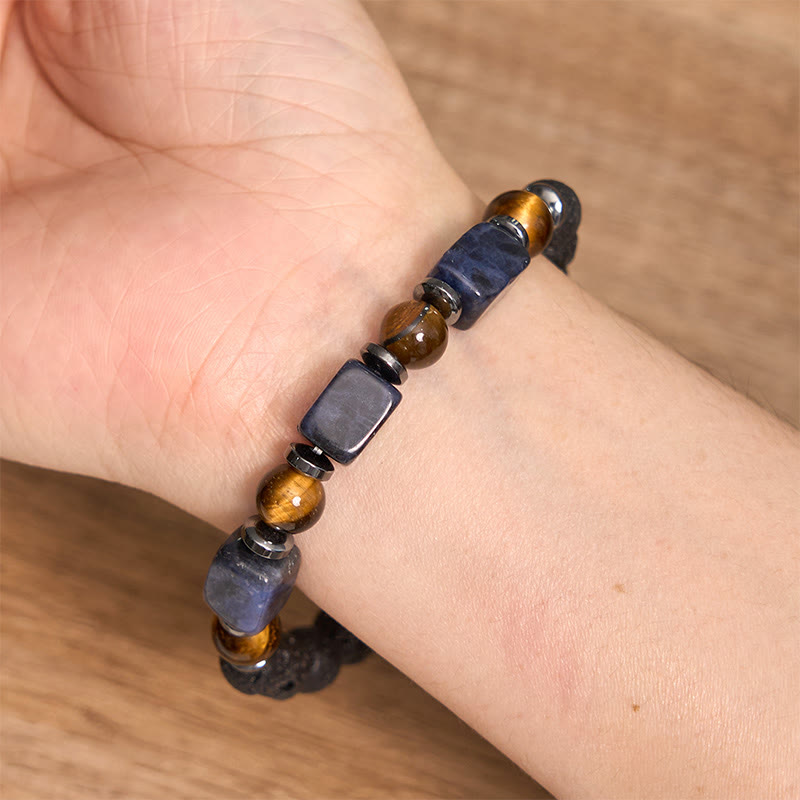 Braccialetto di supporto in pietra lavica con vari cristalli Buddha Stones