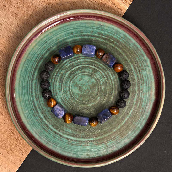 Braccialetto di supporto in pietra lavica con vari cristalli Buddha Stones