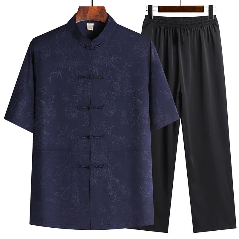 Buddha Stones Bambù Fiore di pesco Tang Suit Hanfu Tradizionale Uniforme Manica Corta Top Pantaloni Abbigliamento Uomo Set
